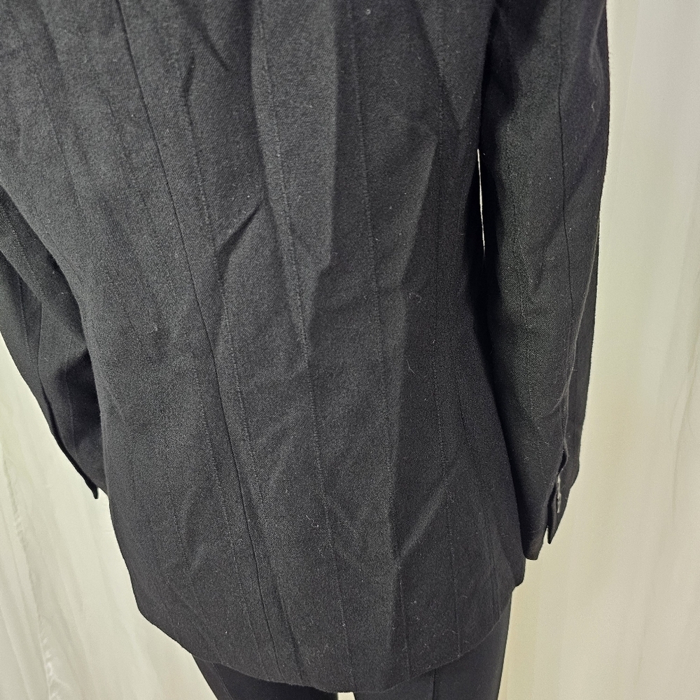 Akris Punto black wool military jacket blazer leather trim mono pinstripe 8 - Picture 8 of 12